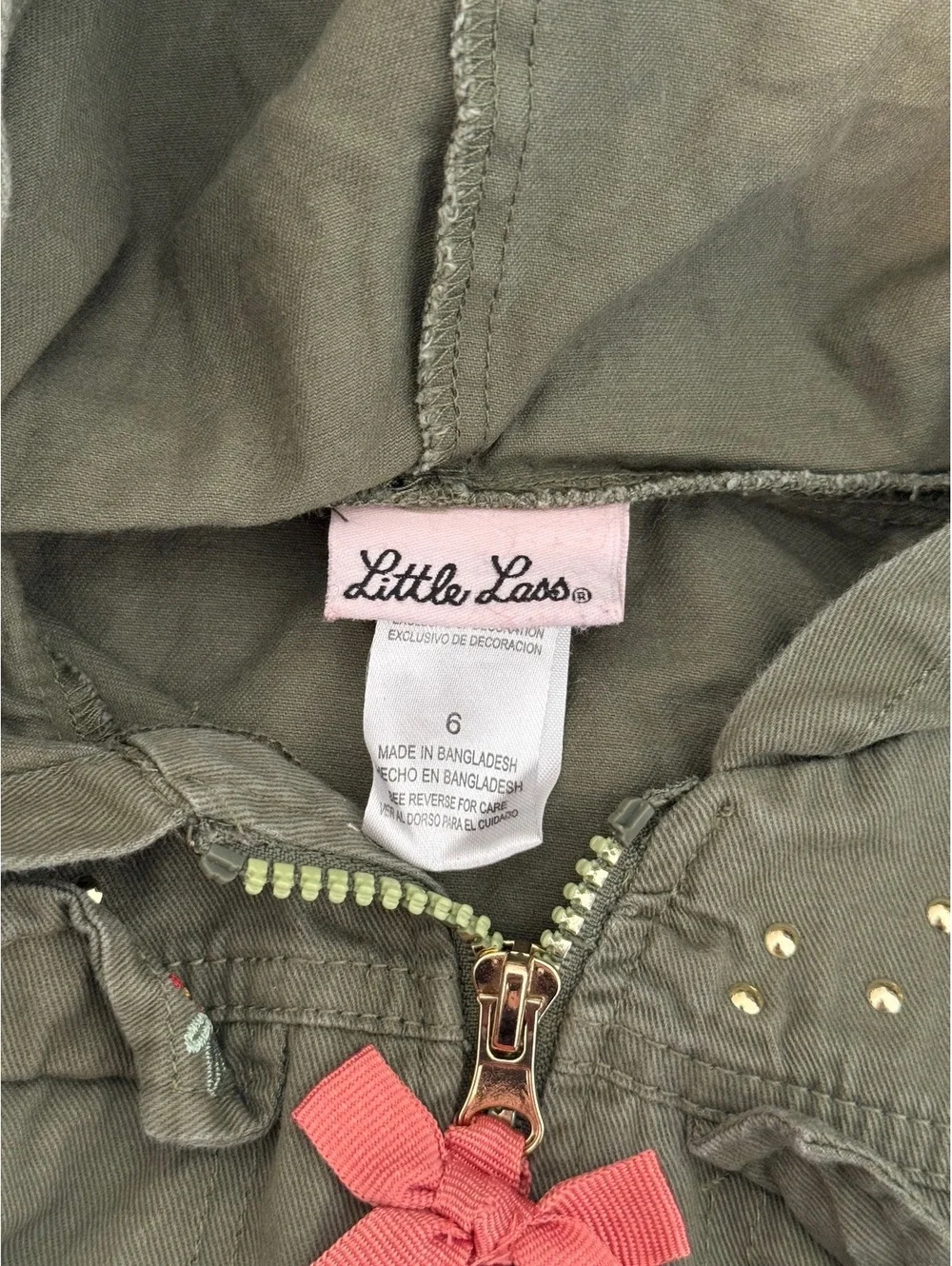 Little Lass Girls Olive Green Hooded Jacket with Embellishments Size 6